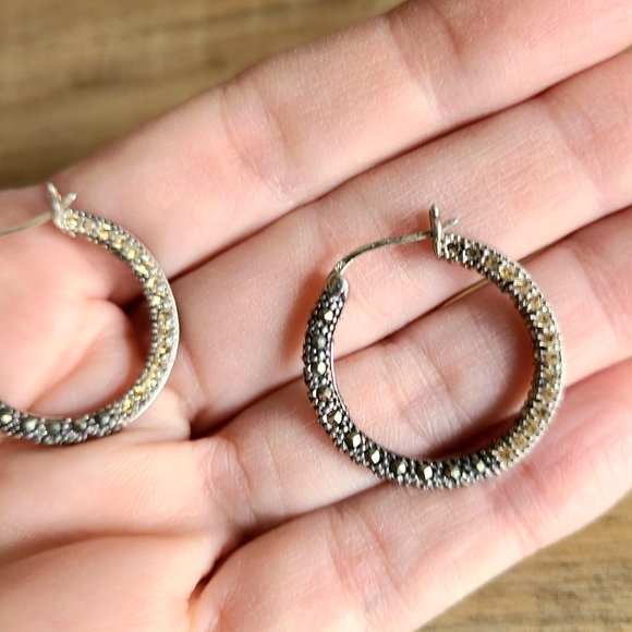Sterling silver loops earrings with black and clear sparkly rhinestones. - Picture 4 of 6